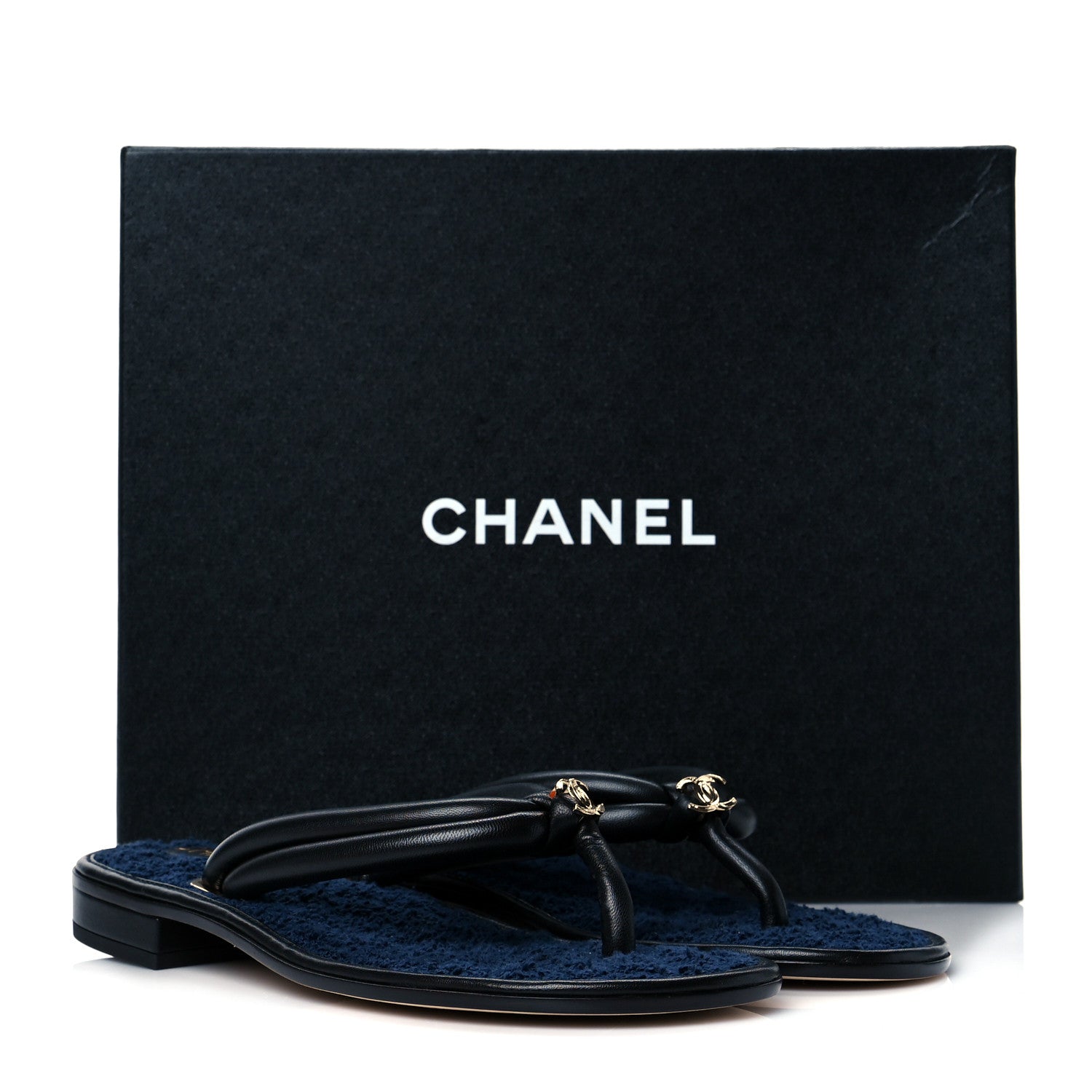 Chanel Lambskin Fabric CC Thong Sandals 38 Black Dark Navy 8 of 8
