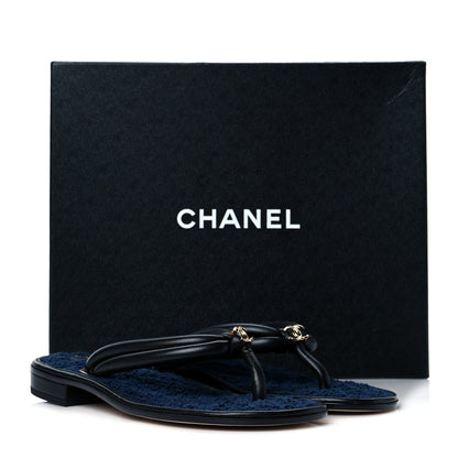 Chanel Lambskin Fabric CC Thong Sandals 38 Black Dark Navy 8 of 8