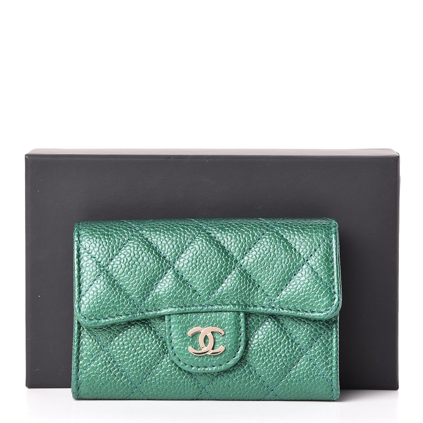 Metallic Caviar Quilted Flap Card Holder Green