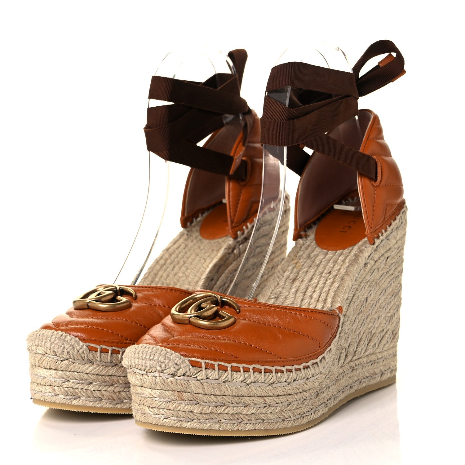 Gucci Nappa Matelasse GG Marmont Ankle Wrap Platform 35/120mm Espadrille Wedges 38 Cognac 3 of 10