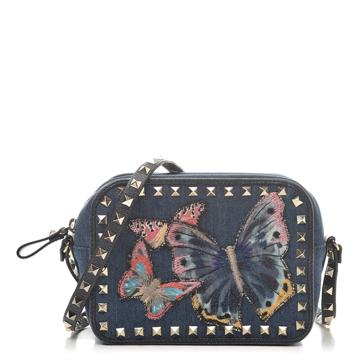 Valentino Garavani Denim Butterfly Embroidered Rockstud Camera Crossbody Bag Light Denim Multicolor 1 of 13