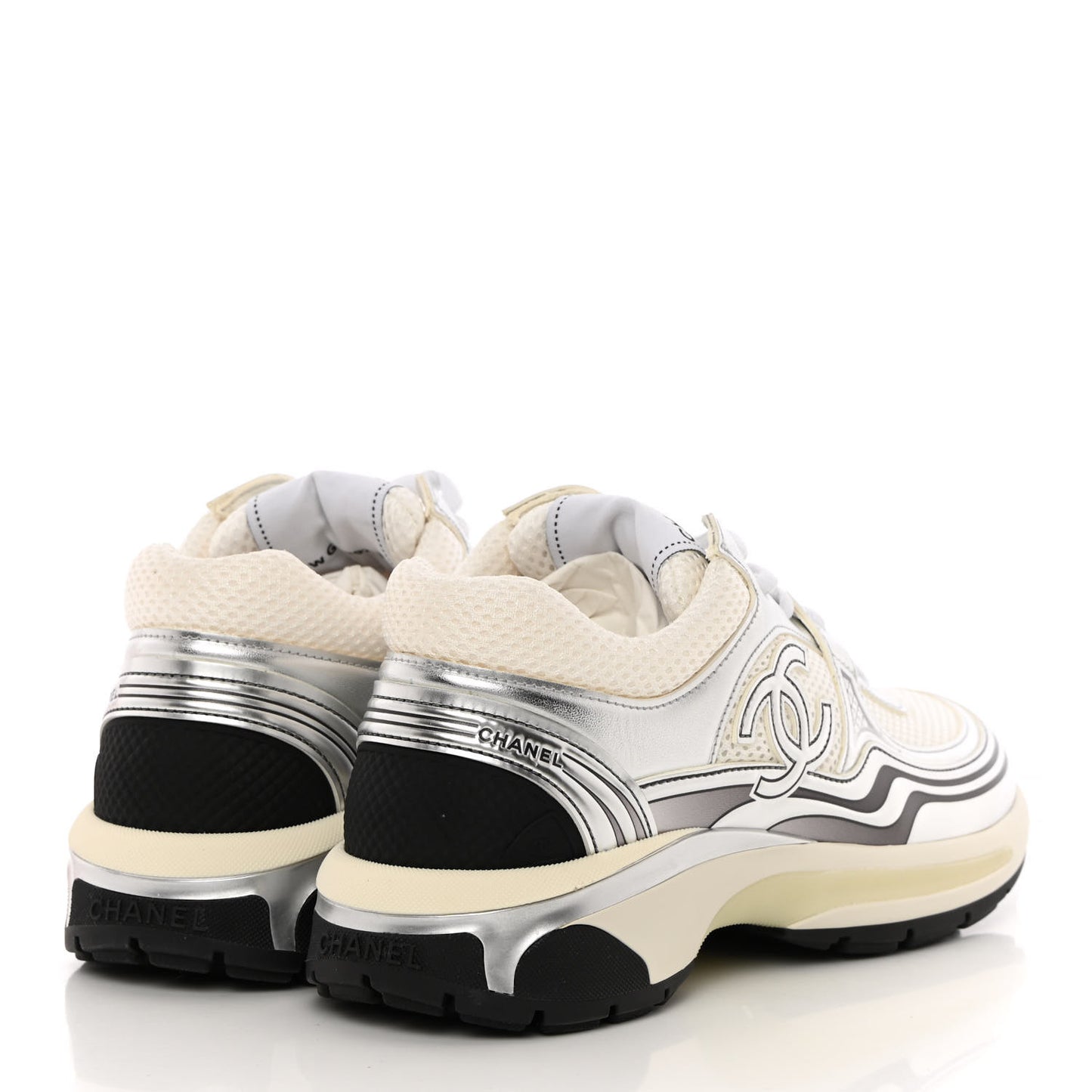 Fabric Laminated Calfskin Stretch CC Sneakers 37 White Silver