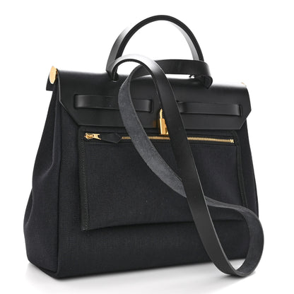 Hermes Military Toile Vache Hunter Herbag Zip Retourne 31 PM Bleu Marine Black 3 of 9