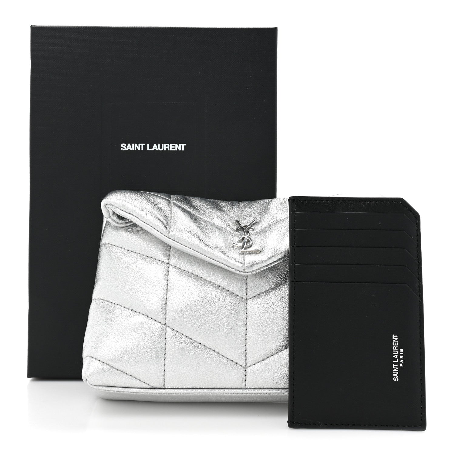 Saint Laurent Metallic Lambskin Monogram Loulou Puffer Pouch Clutch Silver 13 of 13