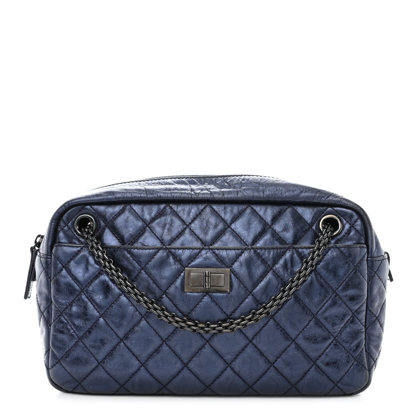 Metallic Aged Calfskin Quilted Medium Reissue Camera Case Bag Blue