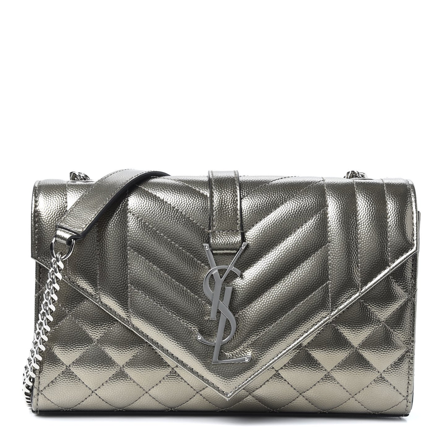 Metallic Grain De Poudre Textured Mixed Matelasse Triquilt Small Monogram Satchel Piombo