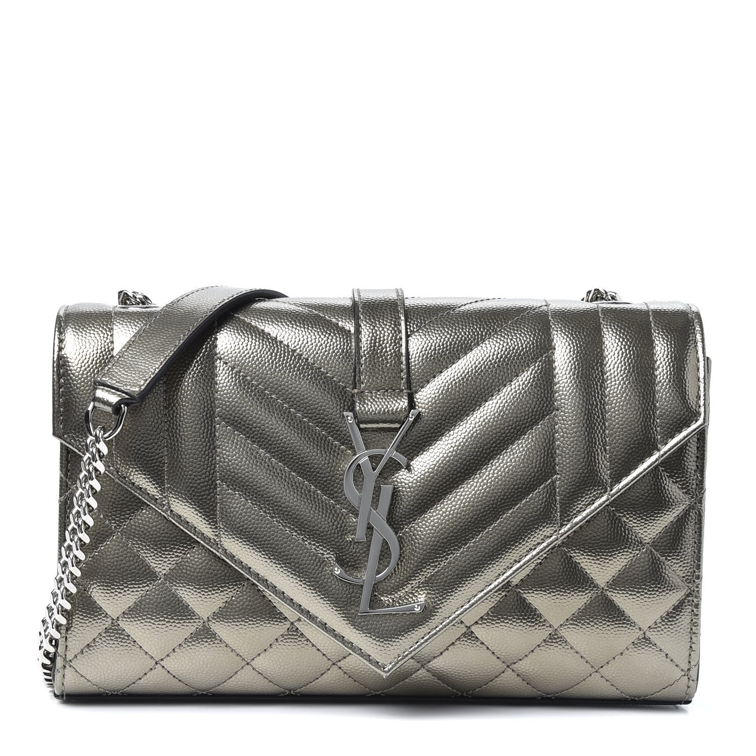 Saint Laurent Metallic Grain De Poudre Textured Mixed Matelasse Triquilt Small Monogram Satchel Piombo 1 of 8