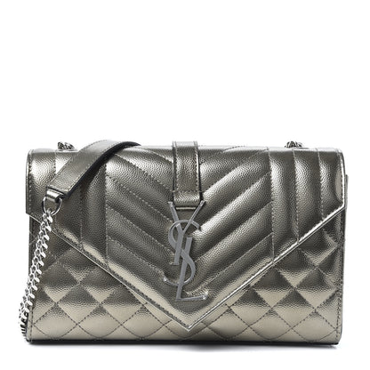 Saint Laurent Metallic Grain De Poudre Textured Mixed Matelasse Triquilt Small Monogram Satchel Piombo 1 of 8