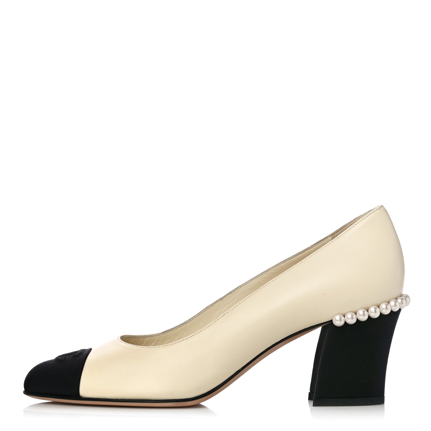 Chanel Lambskin Grosgrain Pearl Cap Toe CC Pumps 39 Ivory Black 1 of 13