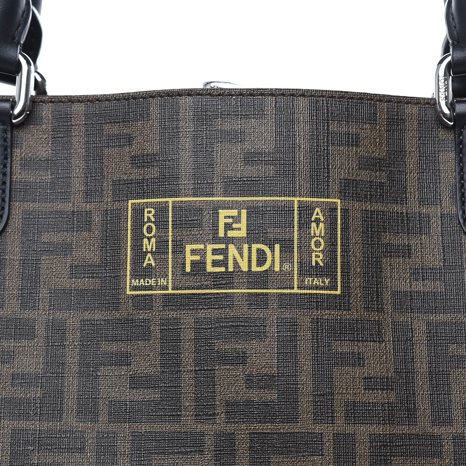 Fendi Glazed Fabric Vitello Century FF 1974 Roma Amor Tote Tobacco Moro Black Limone 8 of 13