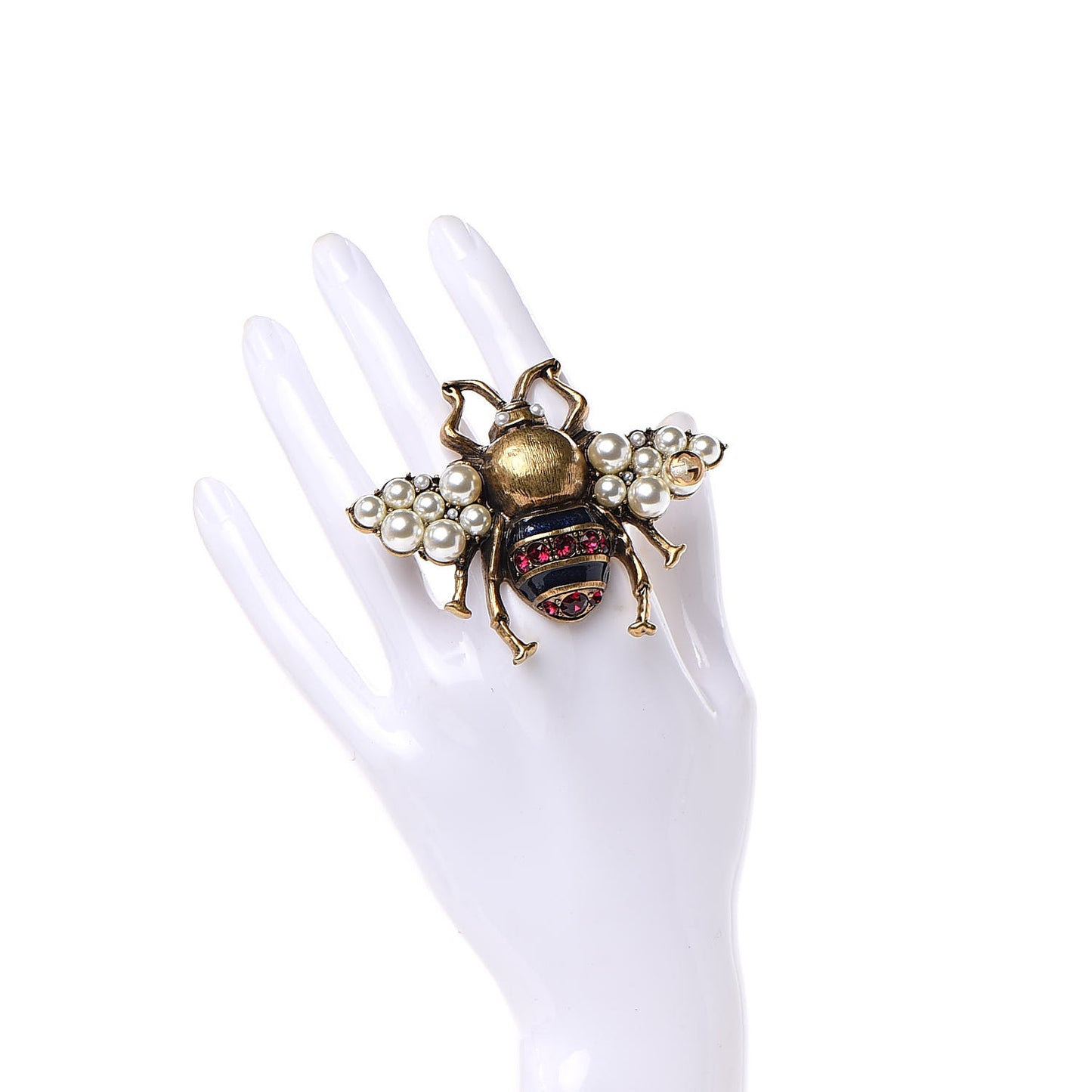 Metal Enamel Crystal Pearl Bee Ring M Aged Gold