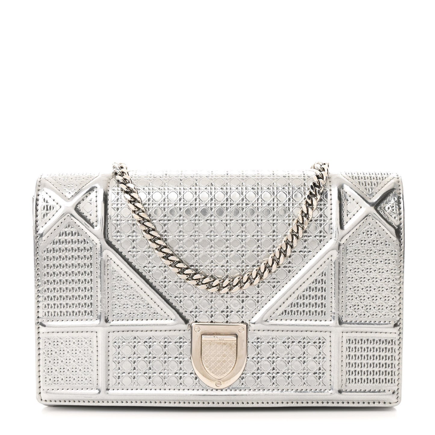 Metallic Patent Micro-Cannage Diorama Wallet on Chain Pouch Silver