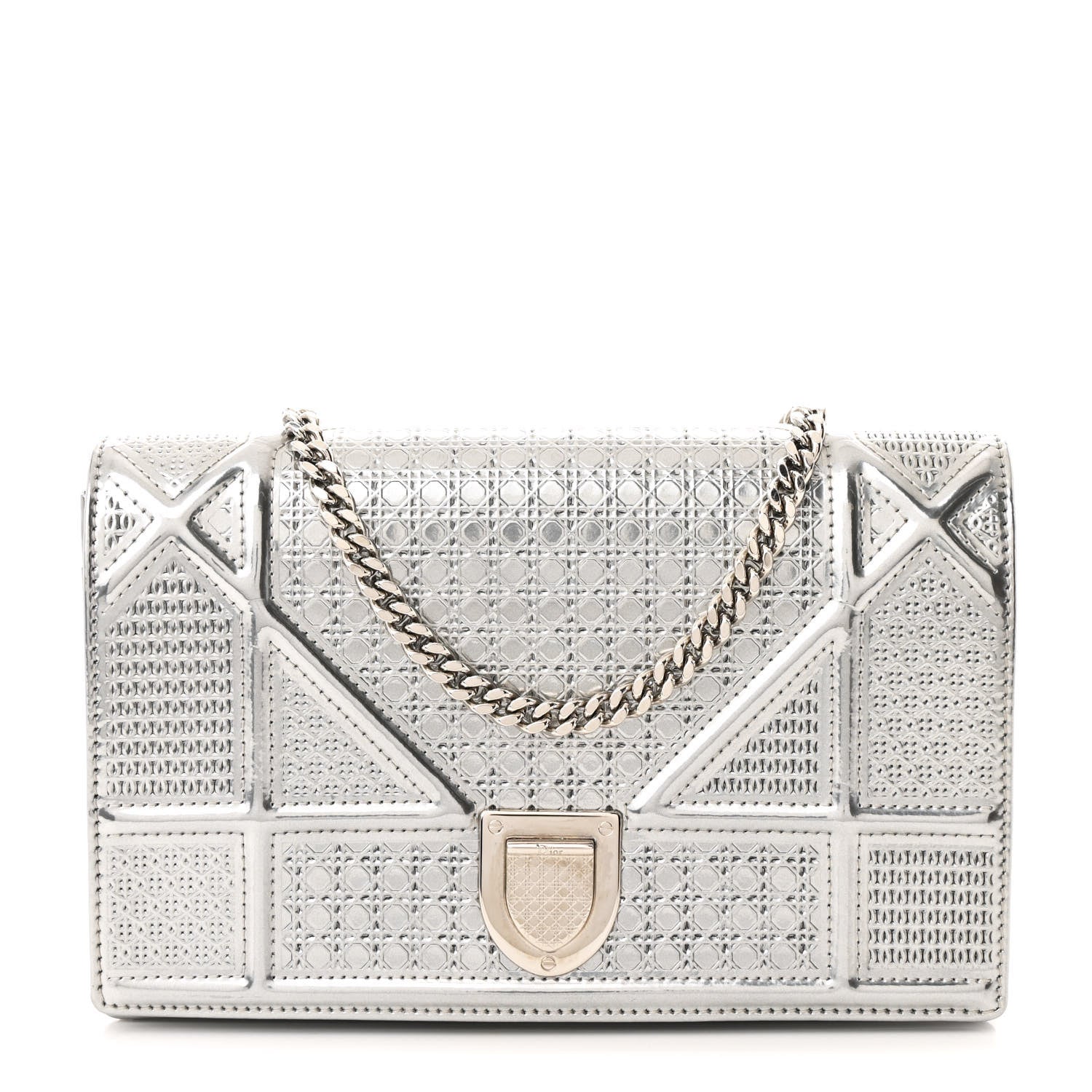 Christian Dior Metallic Patent Micro-Cannage Diorama Wallet on Chain Pouch Silver 1 of 10