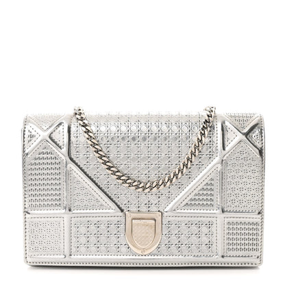 Christian Dior Metallic Patent Micro-Cannage Diorama Wallet on Chain Pouch Silver 1 of 10