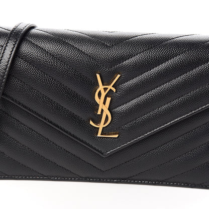 Saint Laurent Grain De Poudre Matelasse Chevron Monogram Envelope Chain Wallet Black 9 of 10