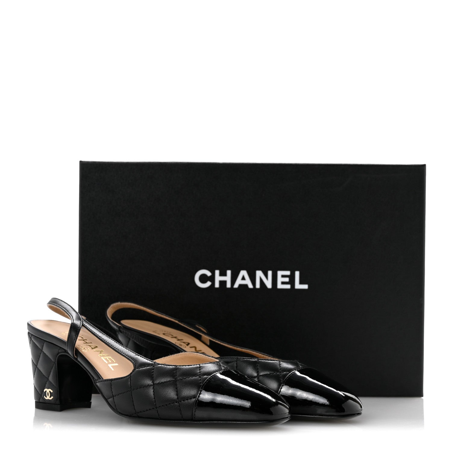 Chanel Lambskin Patent Calfskin Quilted Cap Toe CC Slingback Pumps 35.5 Black 10 of 10