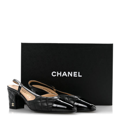 Chanel Lambskin Patent Calfskin Quilted Cap Toe CC Slingback Pumps 35.5 Black 10 of 10