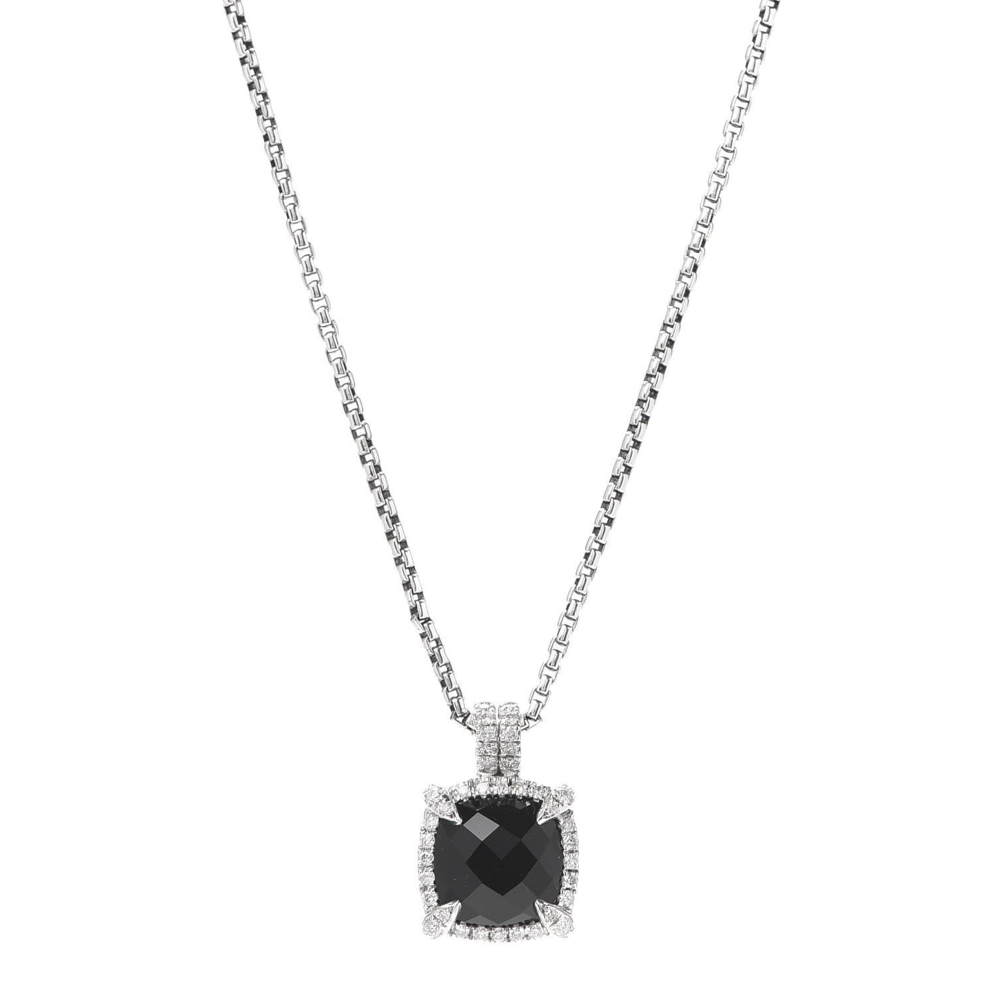 Sterling Silver Diamond Black Onyx 9mm Chatelaine Pave Bezel Pendant Necklace