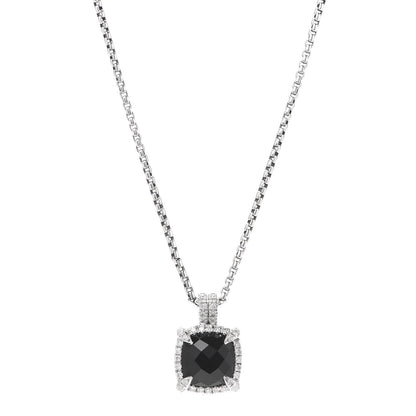 David Yurman Sterling Silver Diamond Black Onyx 9mm Chatelaine Pave Bezel Pendant Necklace 1 of 5