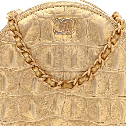 Chanel Metallic Calfskin Crocodile Embossed Cocodile Round Clutch with Chain Gold 15 of 18