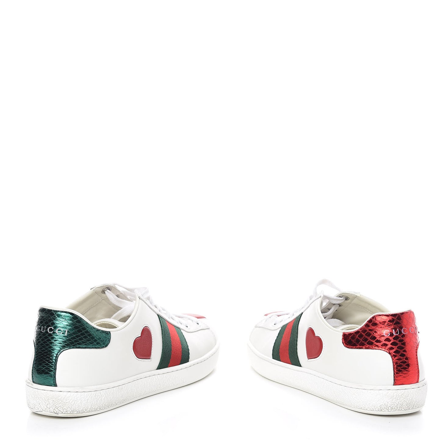Calfskin Web Heart Embroidered Womens Ace Sneakers 37 White