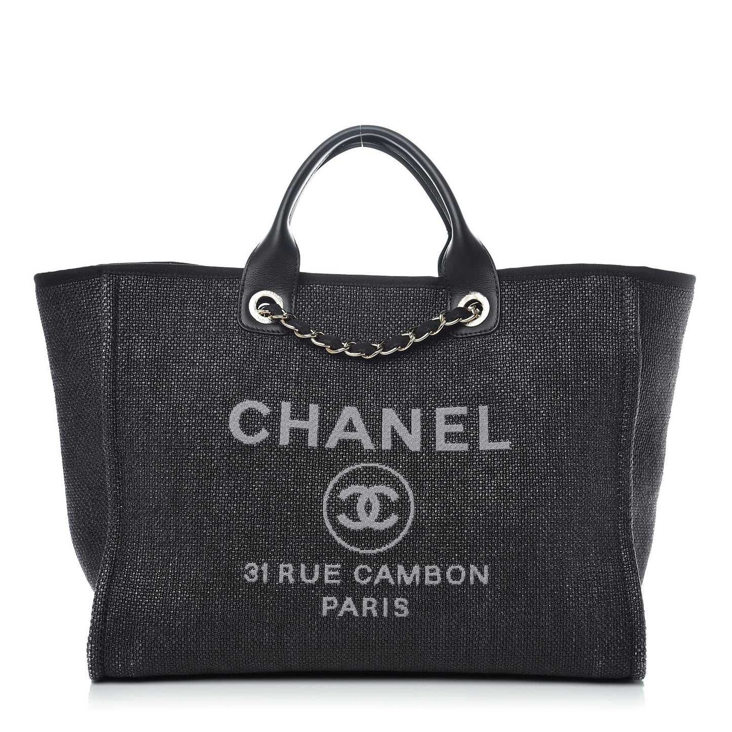 Woven Straw Raffia Large Deauville Tote Black