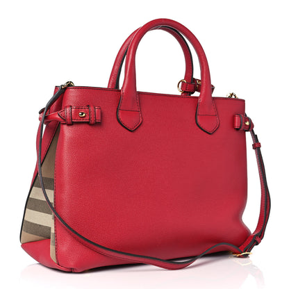 Burberry Grainy Calfskin House Check Medium Banner Tote Red 3 of 9