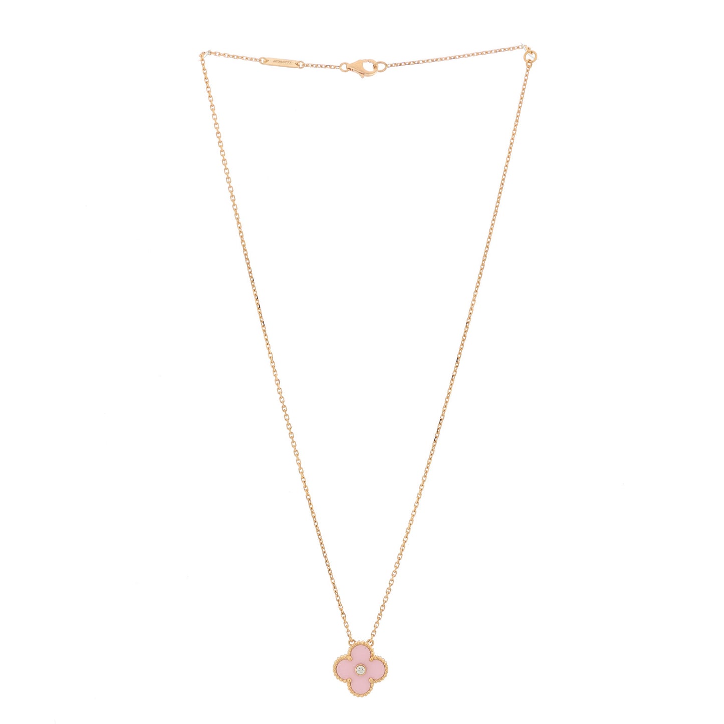 18K Rose Gold Diamond Pink Porcelain Vintage Alhambra Pendant Necklace