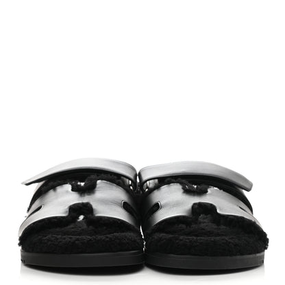 Hermes Calfskin Woolskin Womens Chypre Sandals 39 Black 2 of 8