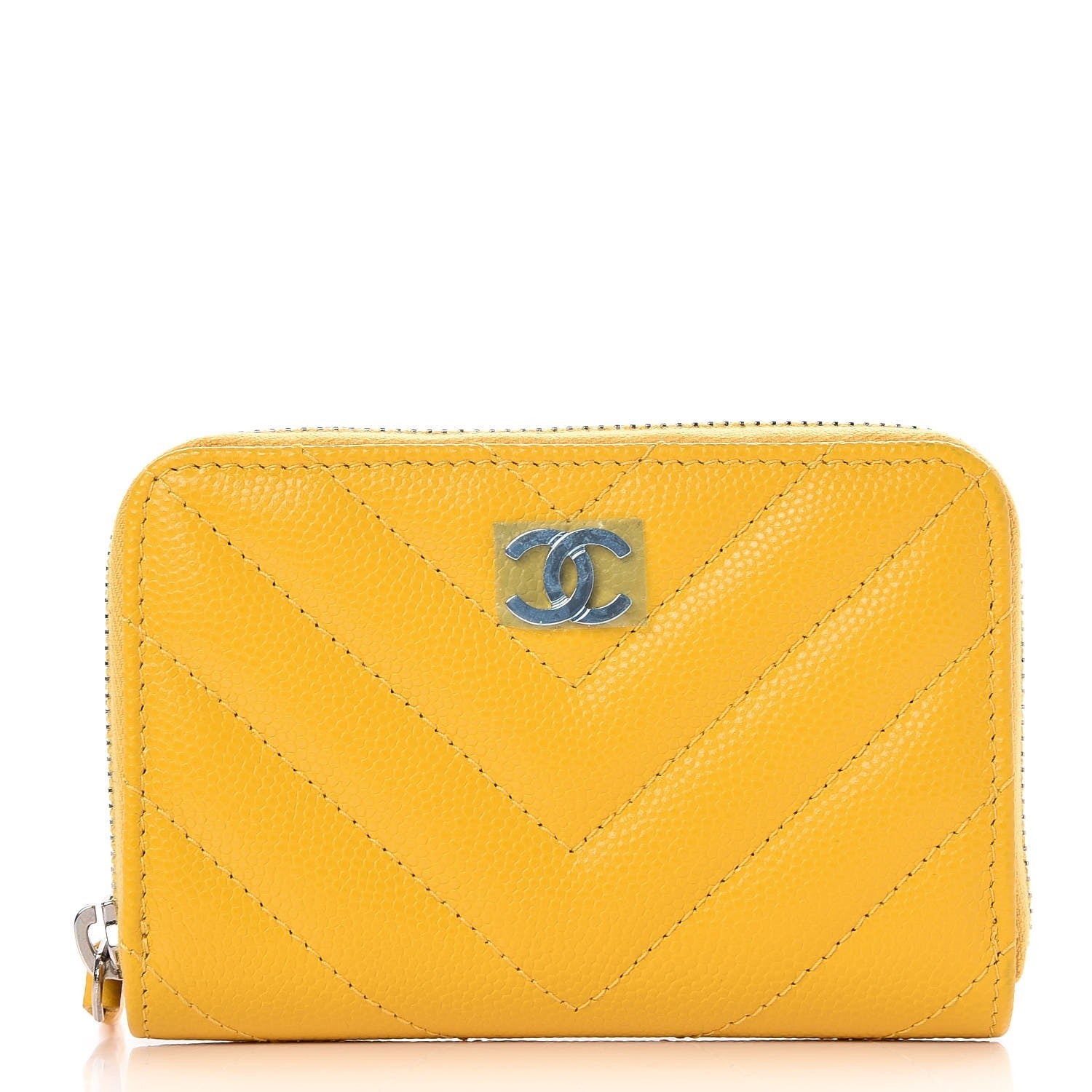 Chanel Caviar Chevron Quilted Zip Coin Purse Yellow 1 of 7