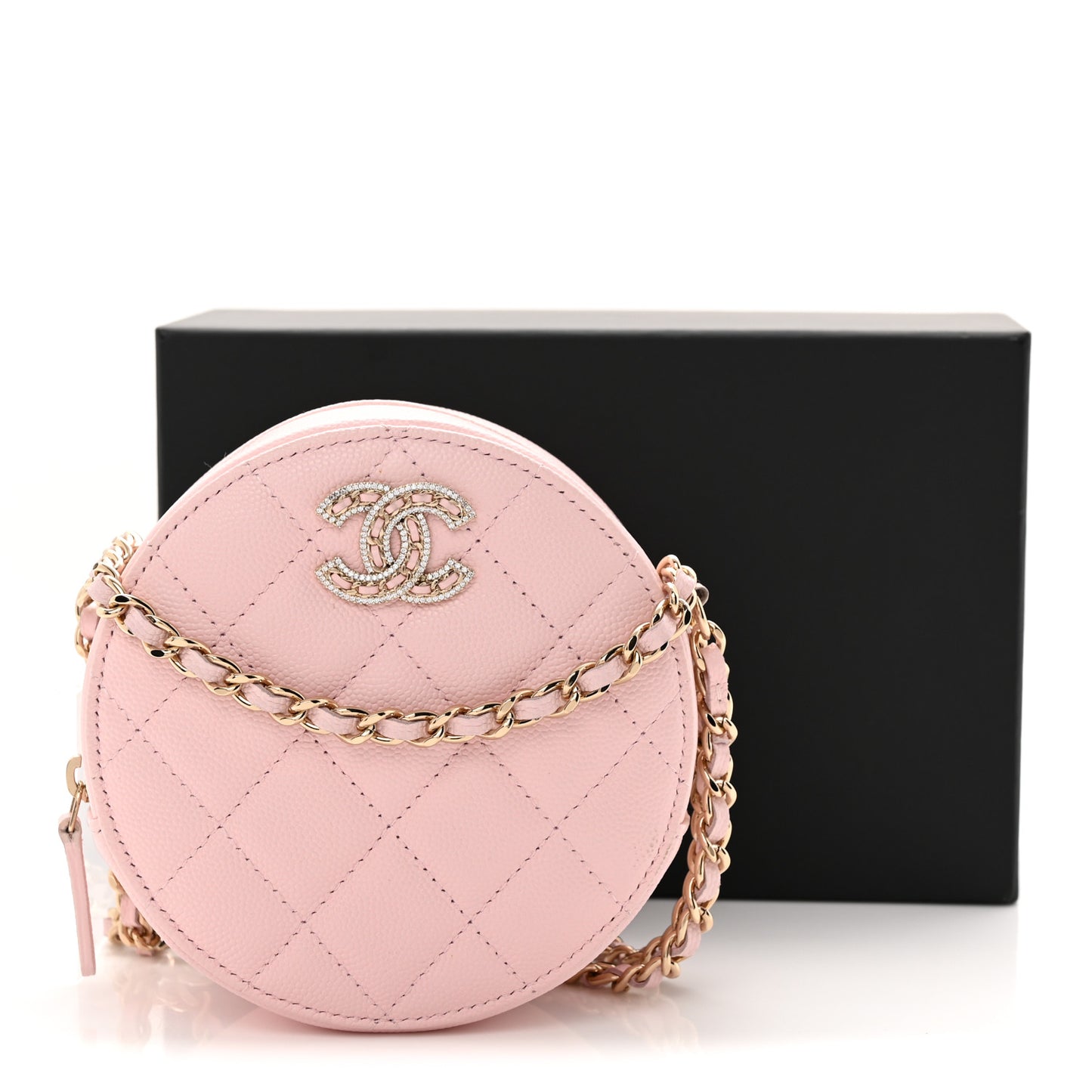 Caviar Quilted Crystal CC Round Clutch With Chain  Pink