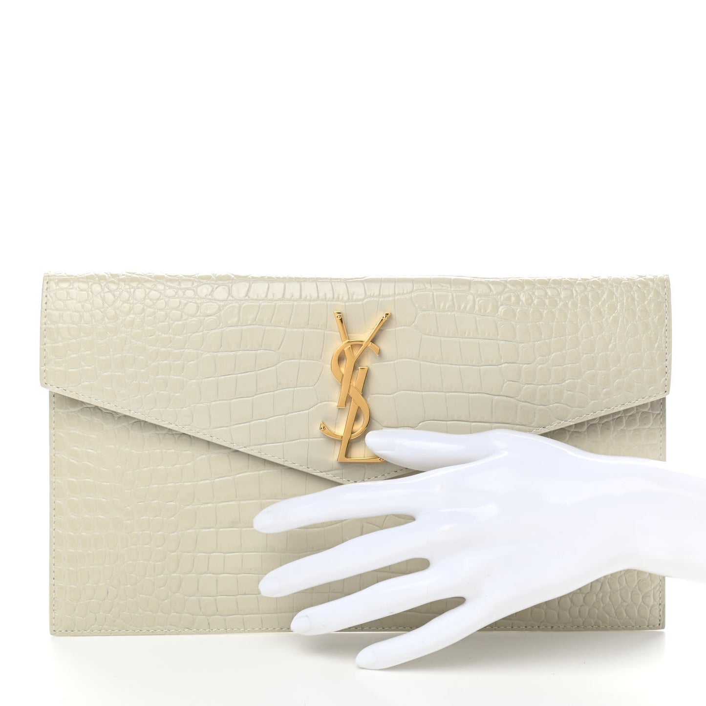 Calfskin Crocodile Embossed Uptown Monogram Pouch Crema Soft