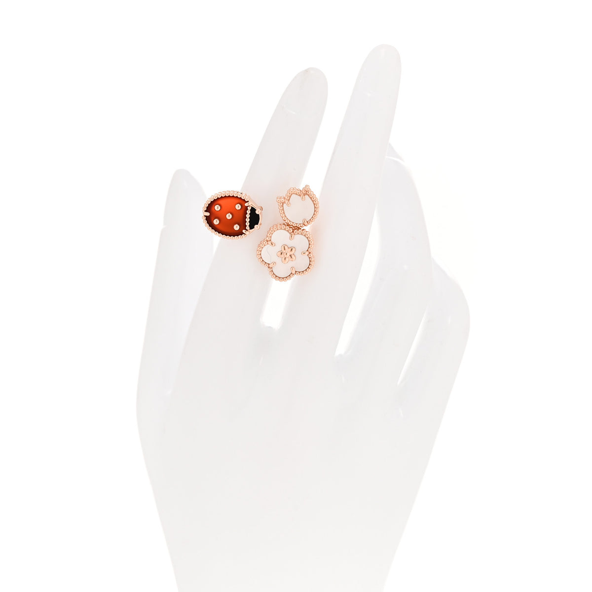 Van Cleef & Arpels 18K Rose Gold Mother of Pearl Carnelian Black Onyx Lucky Spring Between the Finger Ring 48 4.5 2 of 5