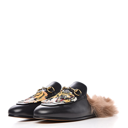 Gucci Calfskin Lambswool Tiger Embroidered Womens Princetown Slippers 36.5 Black 3 of 8