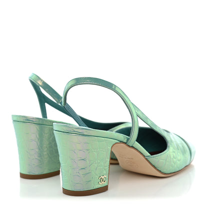 Chanel Iridescent Embossed Patent CC Cap Toe CC Slingback Pumps 37.5 Turquoise 5 of 10