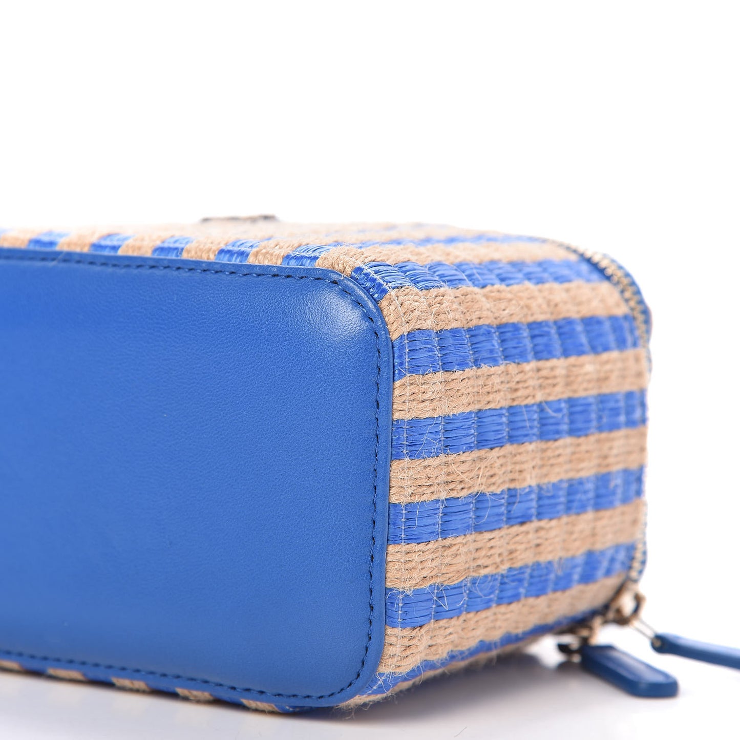 Raffia Jute Striped Small Vanity Case With Chain Blue Beige