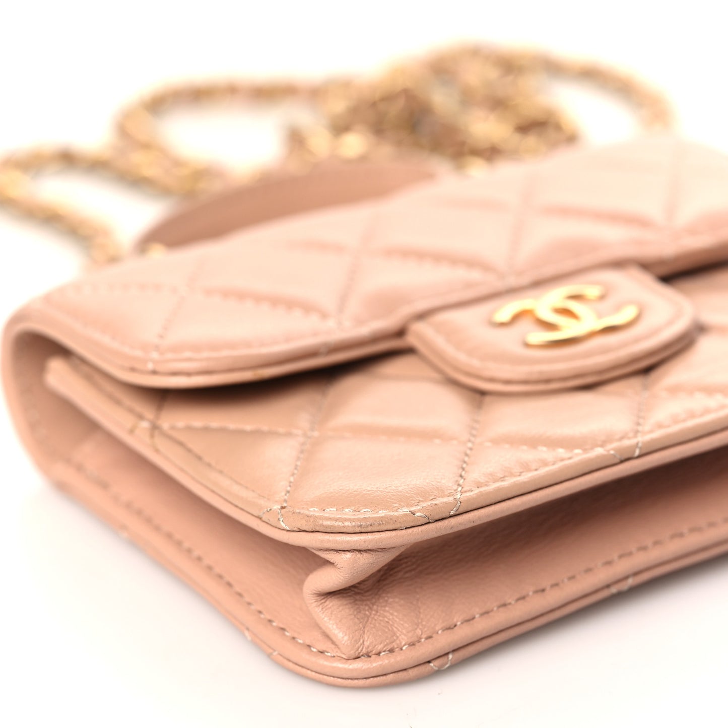 Lambskin Quilted Top Handle Flap Coin Purse With Chain Beige