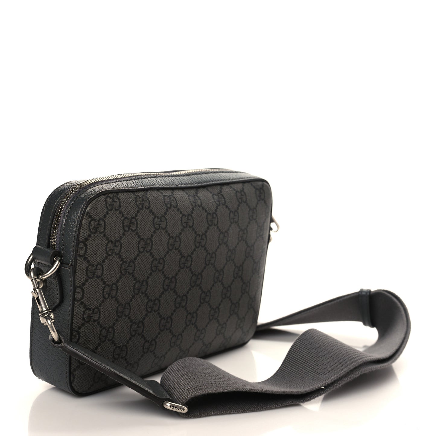 GG Supreme Monogram Textured Dollar Calfskin Web Ophidia Wristlet Shoulder Bag Grey Black Graphite Grey