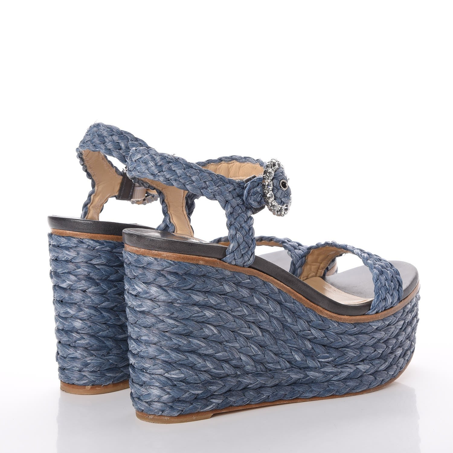 Jimmy Choo Woven Raffia Crystal Buckle Nylah 100 Platform Wedges 39 Dusk Blue 4 of 20