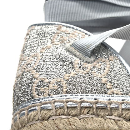 Gucci Lame GG Monogram Ankle Wrap Platform Espadrille Wedges 39 Silver Beige Light Grey 9 of 12