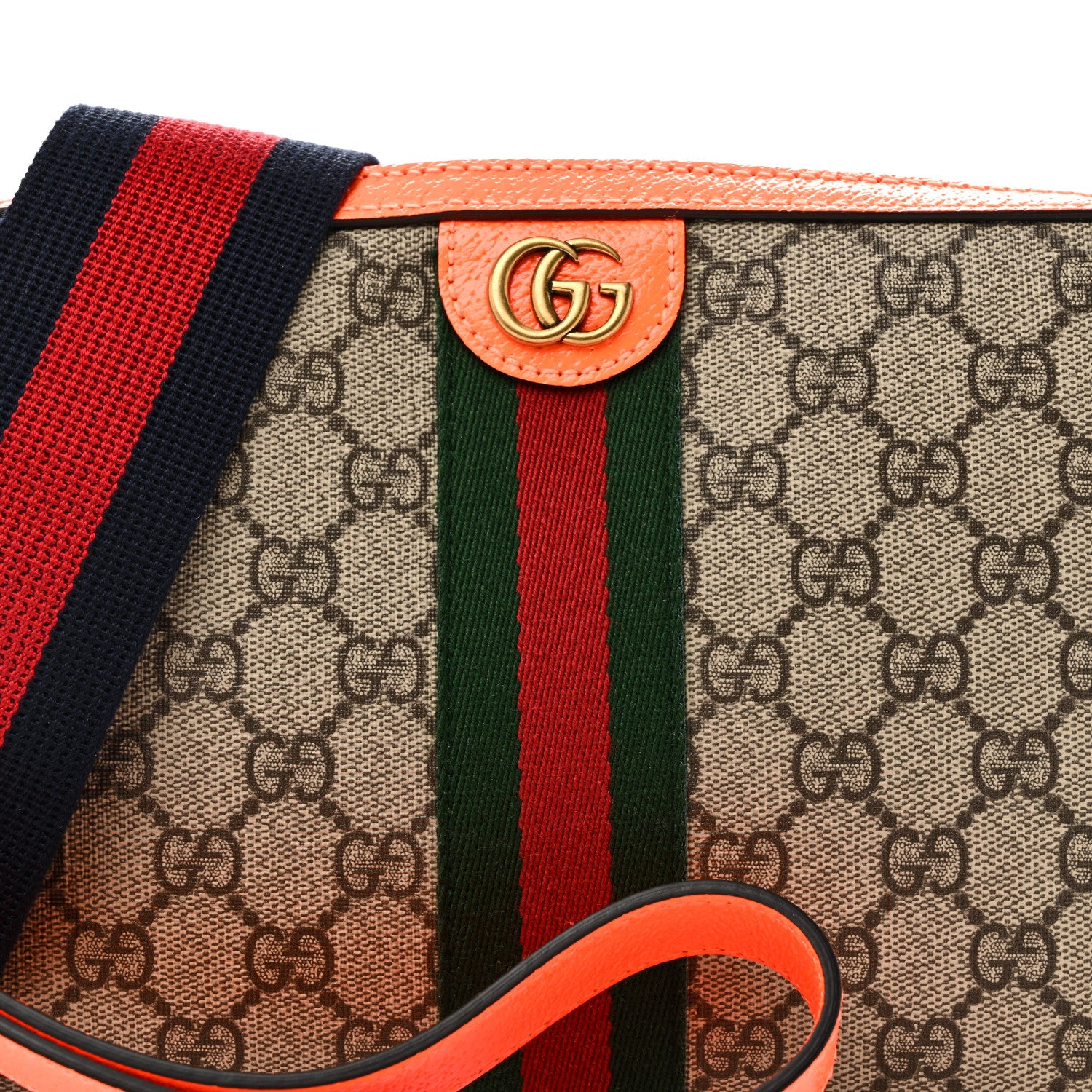 Gucci GG Supreme Monogram Textured Dollar Calfskin Web Ophidia Wristlet Shoulder Bag Beige Ebony Orange 8 of 11