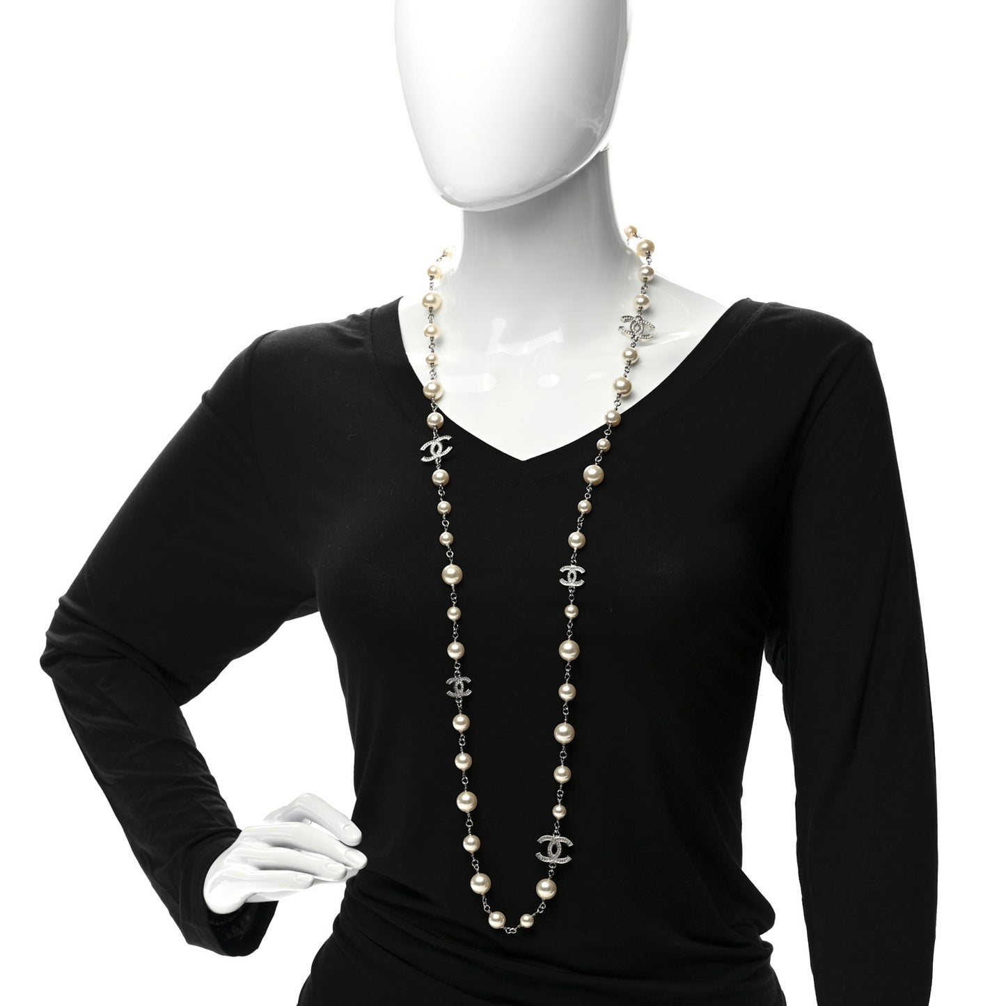 Graduated Pearl Crystal CC Long Necklace Silver