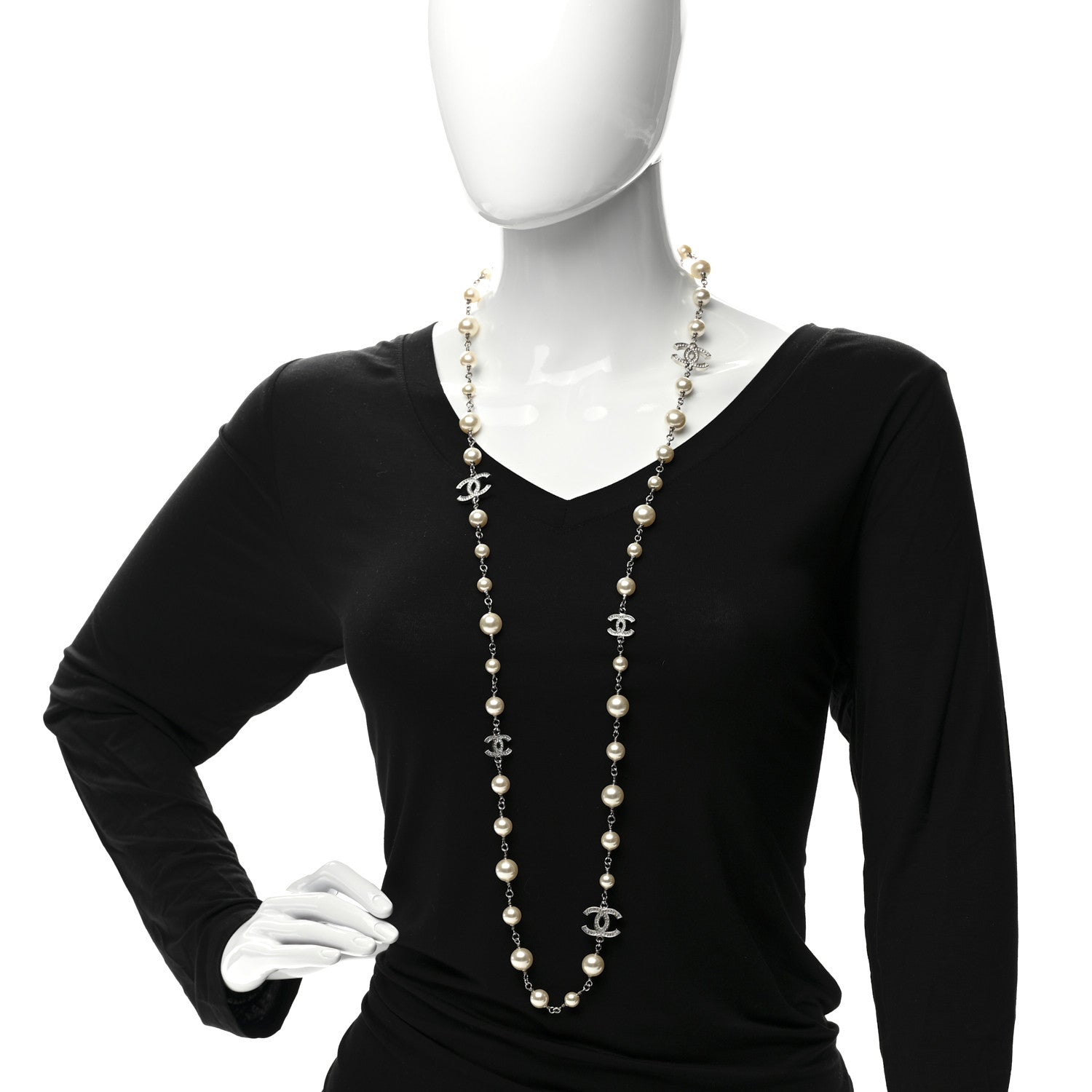 Chanel Graduated Pearl Crystal CC Long Necklace Silver 2 of 6