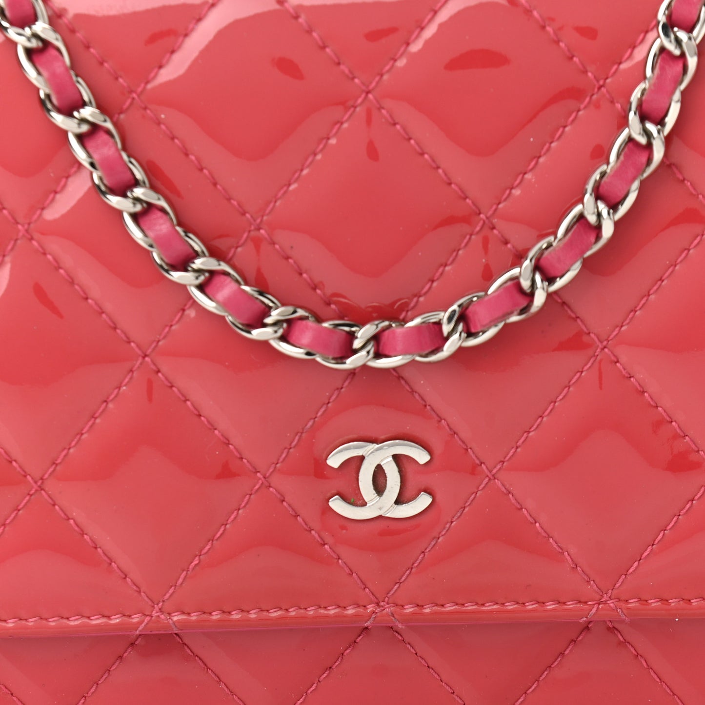 Patent Calfskin Quilted Wallet On Chain WOC Pink