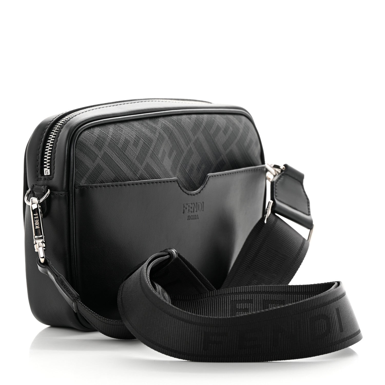 Fendi Shiny Glazed Fabric Vitello Cover FF 1974 Logo Medium Camera Case Black 3 of 12