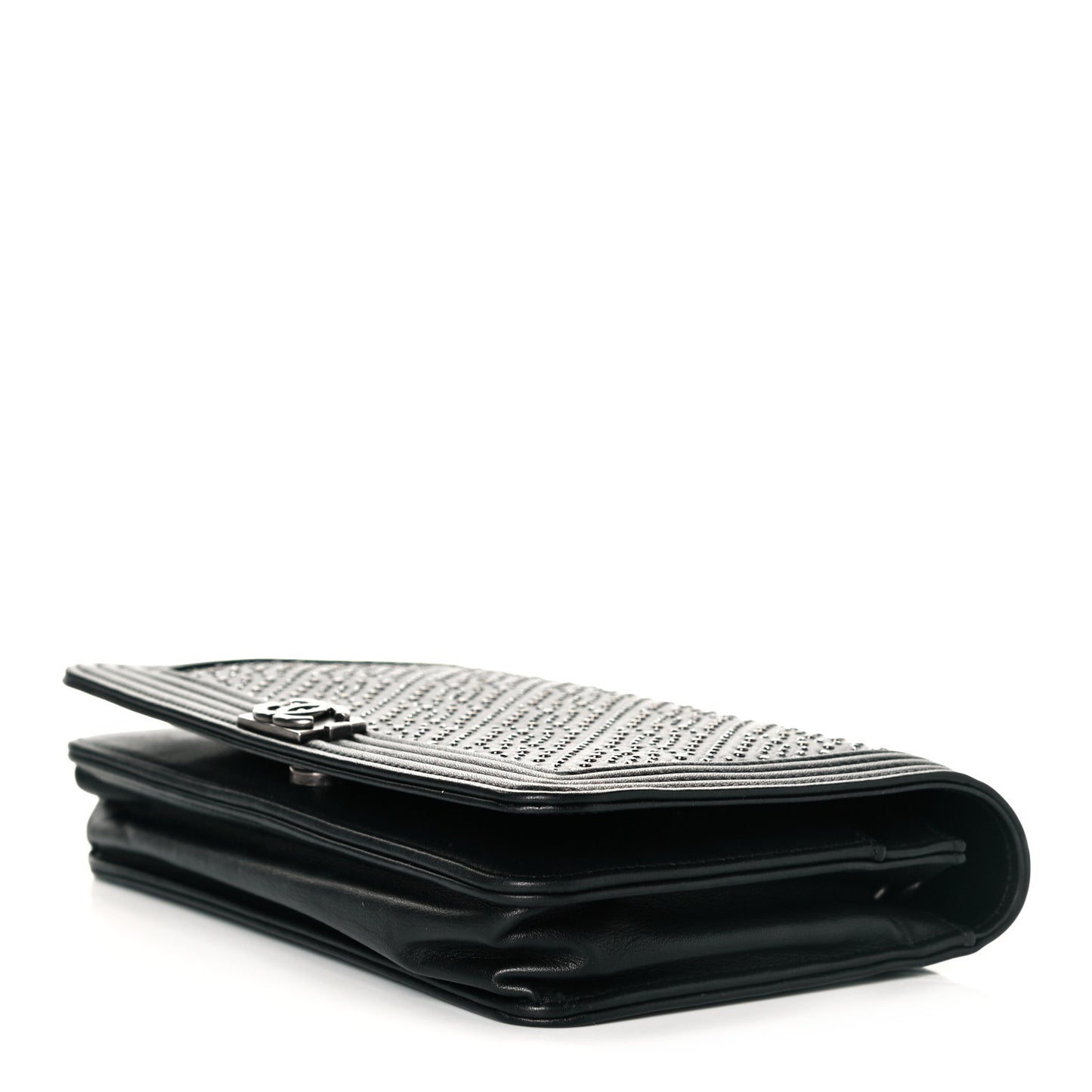 Calfskin Crystal Studded Quilted Boy Wallet On Chain WOC Black