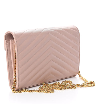 Saint Laurent Grain De Poudre Matelasse Chevron Monogram Chain Wallet Pale Blush 3 of 8