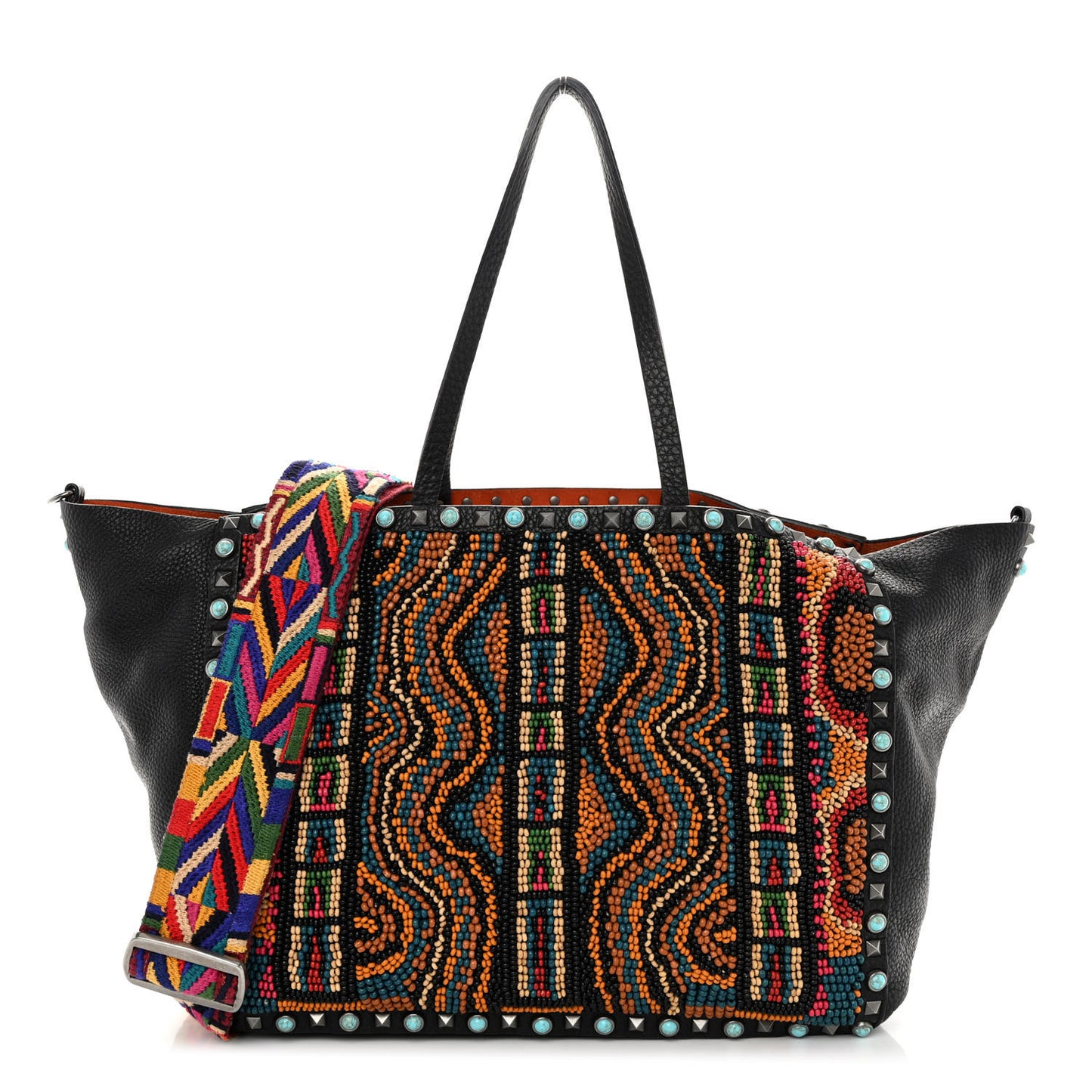 Pebbled Calfskin Beaded Guitar Strap Rockstud Rolling Tote Bag Black