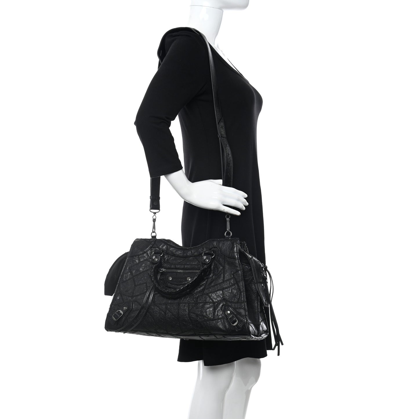 Calfskin Patchwork Stitched Neo Classic Silver Hardware City Black