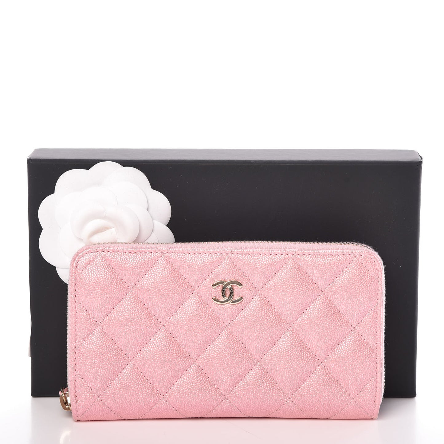 Iridescent Caviar Quilted Medium Zip Around Wallet Pink